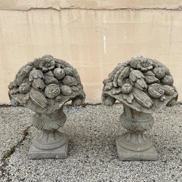 Vintage Cast Cement Stone 26" Fruit & Flower Basket Garden Lawn Ornament - Pair For Sale - Image 12 of 15
