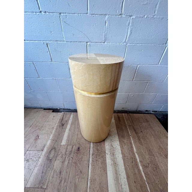 Wood Postmodern Cream Goatskin Clad Cylinder Pedestal or Column Karl Springer Style For Sale - Image 7 of 8