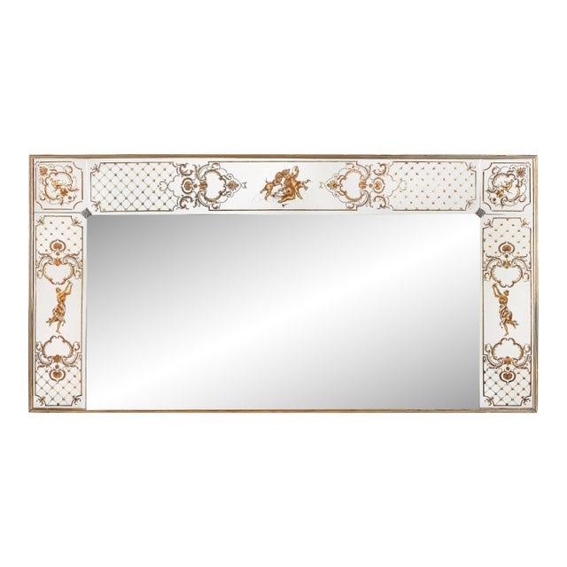 Art Deco Giltwood Wall Mirror With Ornate Eglomise Border & Mythological Motifs For Sale