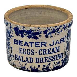 Unusual Antique American Blue Spongeware Decorated Kitchen Beater Jar - Circa Very Early 1900s For Sale