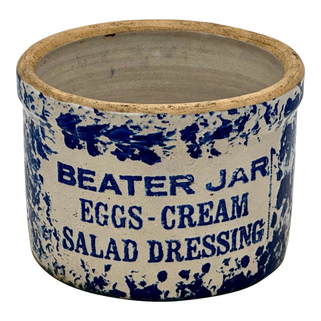Unusual Antique American Blue Spongeware Decorated Kitchen Beater Jar - Circa Very Early 1900s For Sale
