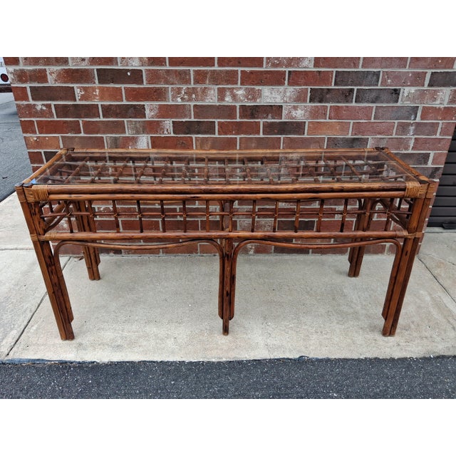 Mid-Century Modern Large Mid Century Boho Chic Rattan Console Table With Glass Top. For Sale - Image 3 of 10