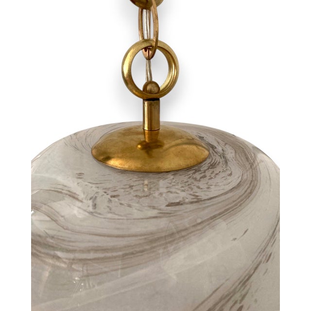 Metal Italian Handblown Faux Alabaster Glass Pendant With Brass Chain and Fittings For Sale - Image 7 of 18
