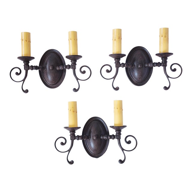 Vintage Bordeaux Bronze Rust Finish Wall Sconces - Set of 3 For Sale
