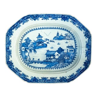 18th Century Chinese Blue and White Canton Export Vegetable Tray With Repair For Sale