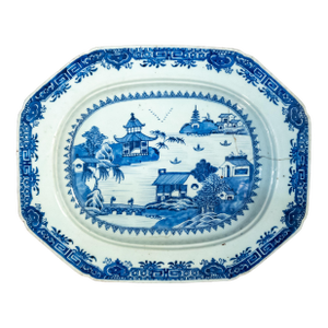 18th Century Chinese Blue and White Canton Export Vegetable Tray With Repair