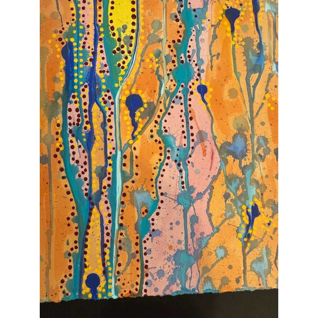 Abstract acrylic painting on paper using a combination of drip techniques with aboriginal-like dot making throughout....