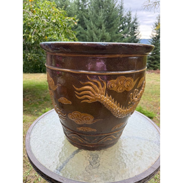 Chinese Antique Quing Shiwan-Style Dragon Egg Pot Jardinière With Turquoise Interior For Sale - Image 3 of 9