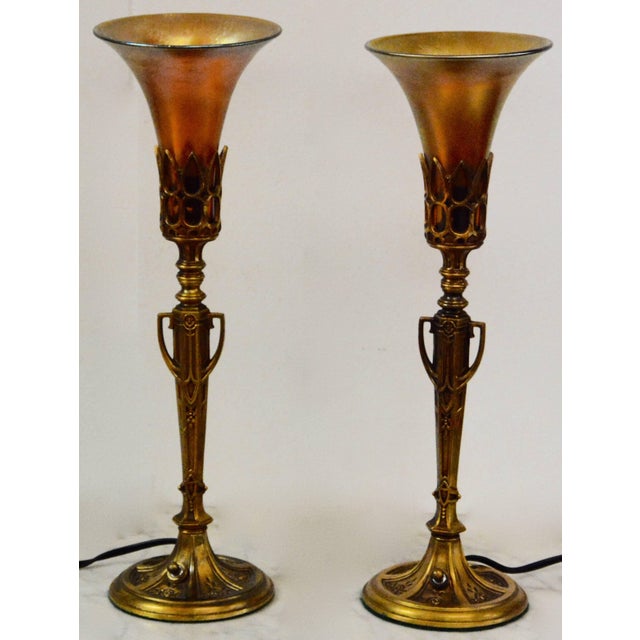 Pair of Art Deco Bronze Lamps With Iridescent Shades For Sale - Image 10 of 11