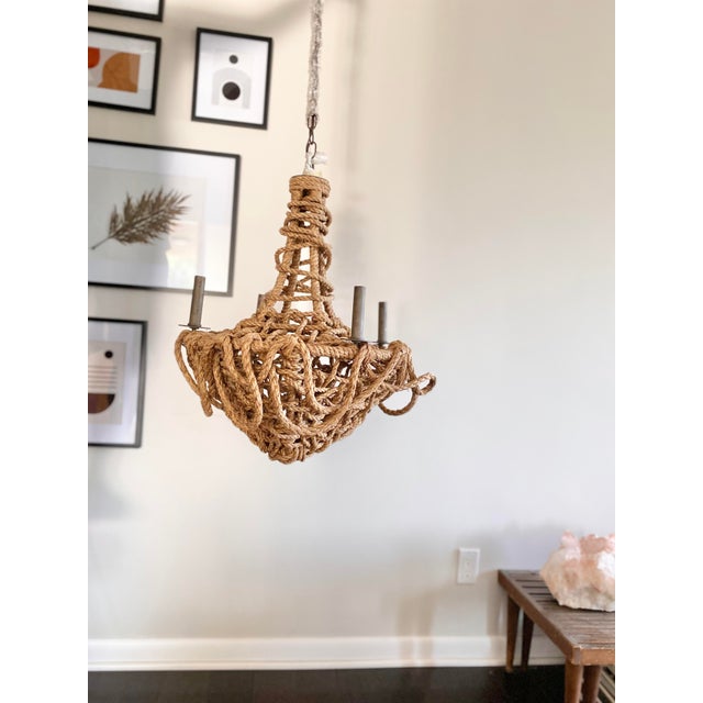 Contemporary Modern Organic Boho Lazlo Chandelier by Made Goods With Textured Draped Rope Details and Four Lights For Sale - Image 3 of 4