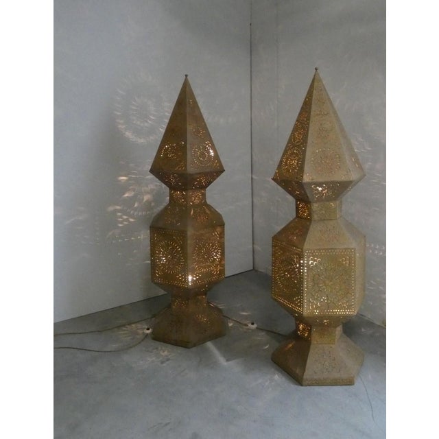 Large Moroccan Perforated Metal Tower Lamps, 1980s, Set of 2 For Sale - Image 4 of 17