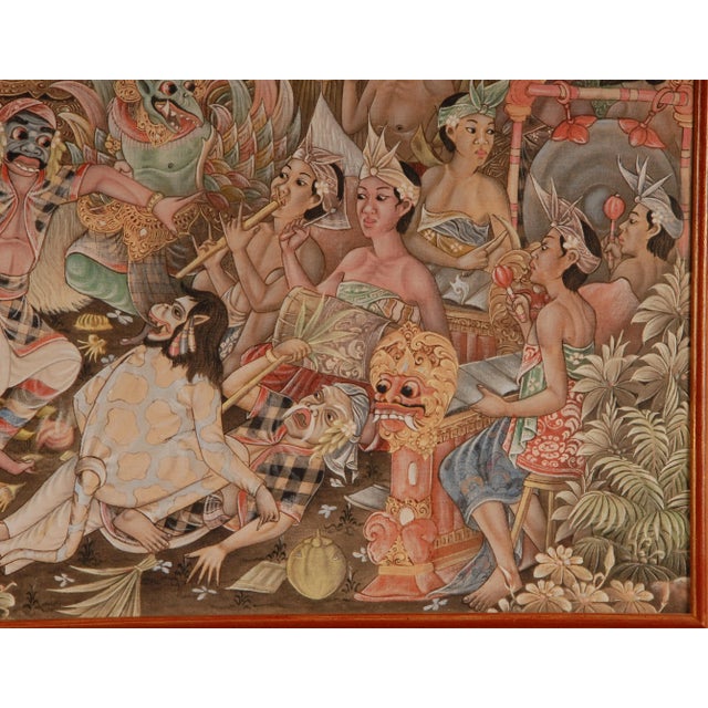Mid Century Asian Oil Painting Javanese Indonesian Carnival on Bali (Ubud) Hand Painted on Linen Framed Tariff Free Delivery For Sale - Image 6 of 13