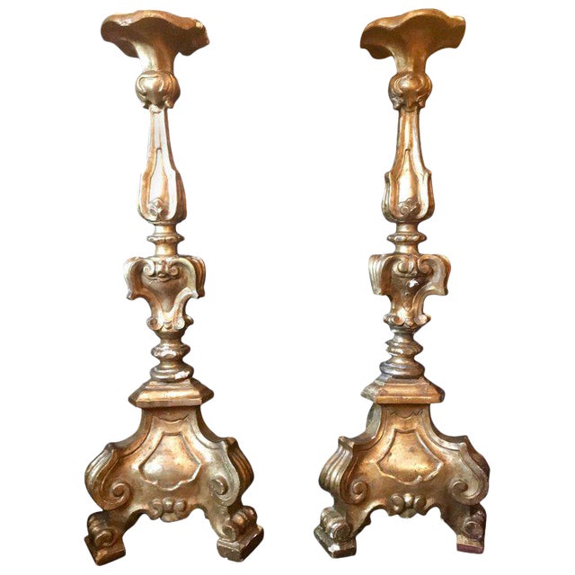 Antique Italian Louis Xvi Style Carved Giltwood Torcheres Candle