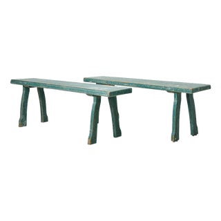 Antique Folk Art Pine Benches with Rococo Style Legs, 1860, Set of 2 For Sale