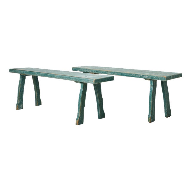 Antique Folk Art Pine Benches with Rococo Style Legs, 1860, Set of 2 For Sale
