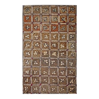 1900s Small Brown Earth Tone Geometric Folk Art Antique American Hooked Rug For Sale