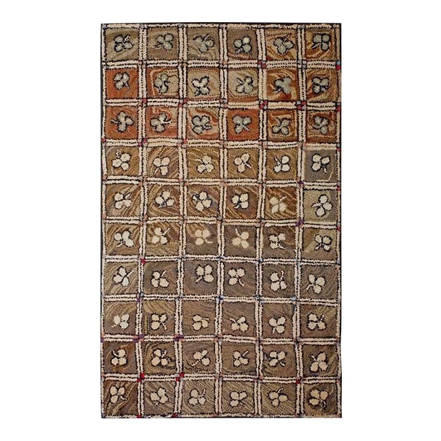 1900s Small Brown Earth Tone Geometric Folk Art Antique American Hooked Rug For Sale