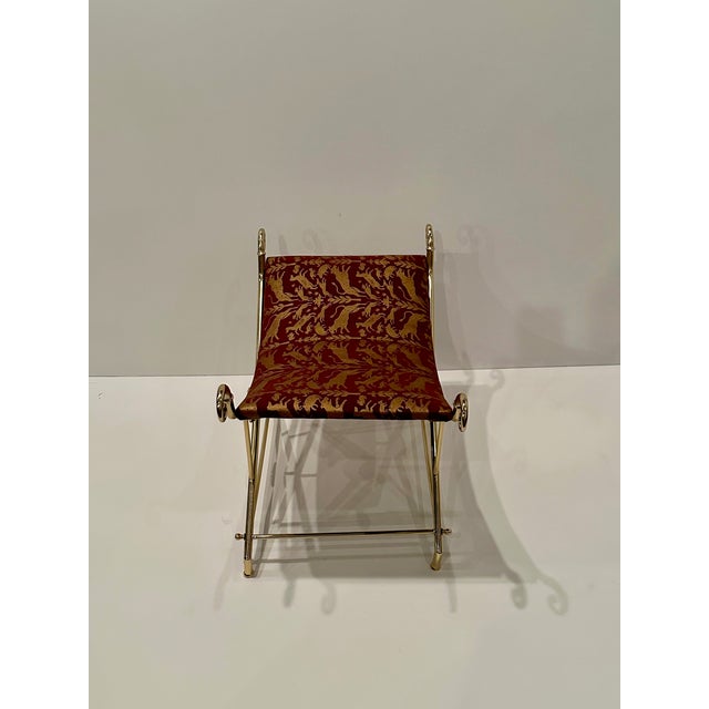 Red Hollywood Regency Italian Brass Bench With Printed Leather Upholstery For Sale - Image 8 of 12