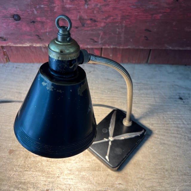 Art Deco 1930s Chase Brass & Copper Co. Art Deco Desk Lamp Black Shade & Feather Base For Sale - Image 3 of 17