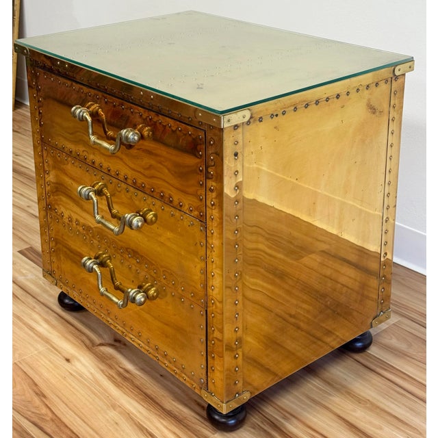 Mid 20th Century Vintage Sarreid Riveted Brass Clad Three Drawer Chest For Sale - Image 5 of 11