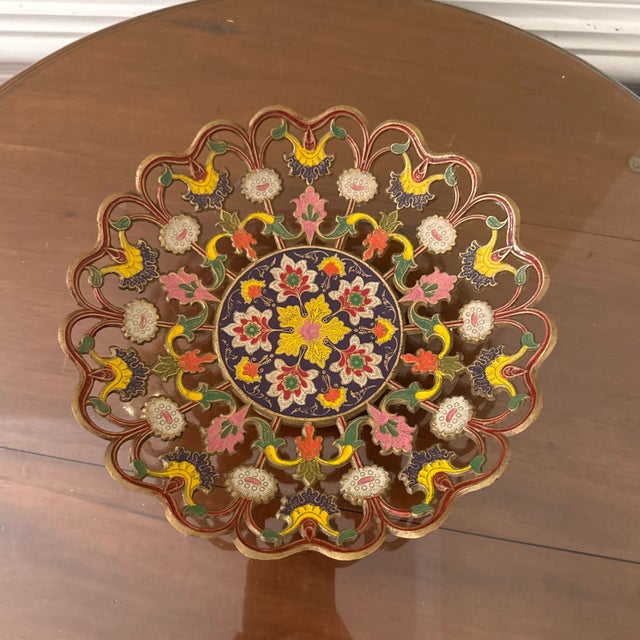 Metal Vintage Painted Decorative Floral Brass Bowl For Sale - Image 7 of 10