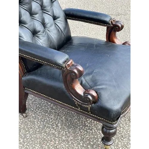 Black Victorian Black Leather Buttoned Back Armchair For Sale - Image 8 of 11