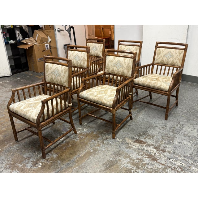 Design Plus Gallery presents a Set of Six Vintage Far East Collection Armchairs from McGuire Furniture. The chairs display...