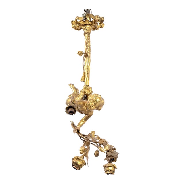 Early 20th Century Louis XVI Style Gilt Bronze Cherub Three Light Pendant Lamp For Sale