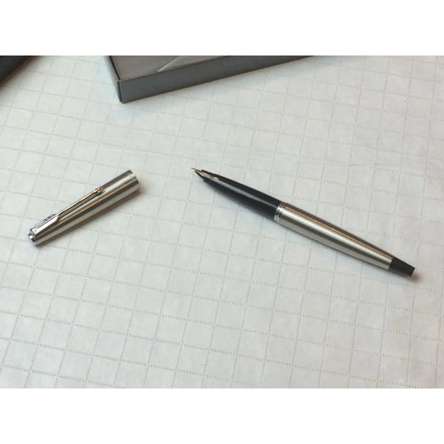 Vintage Parker Fountain Pen, Brushed Steel and Black Accents, in Box For Sale - Image 4 of 13