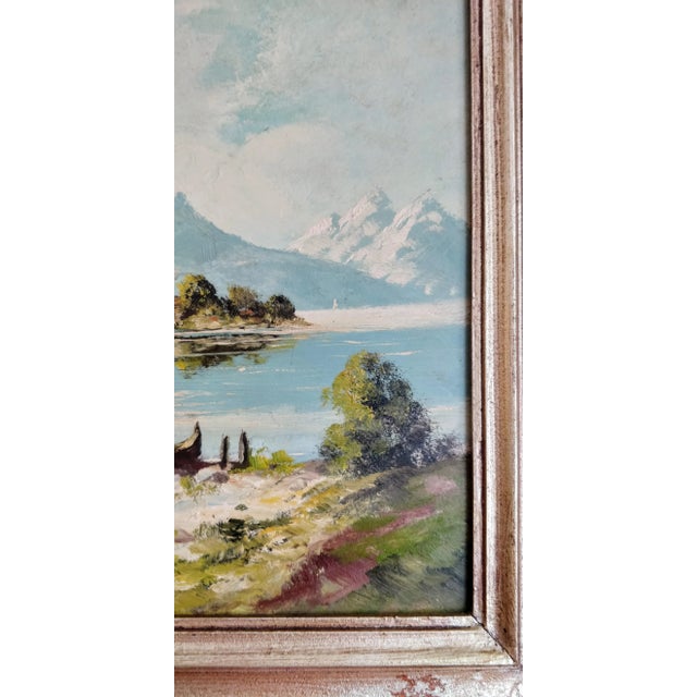 Mid 20th Century Vintage Mountain Lake Boat Painting Artist Signed For Sale - Image 5 of 10