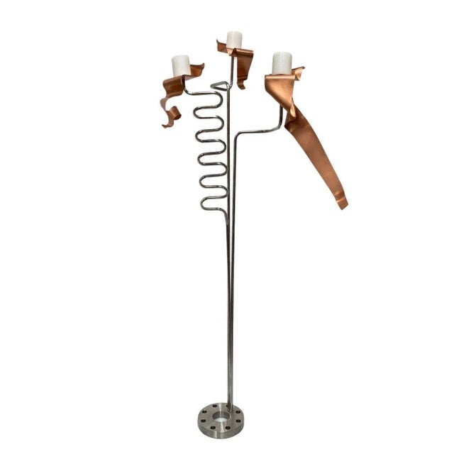1990s Machine Chrome & Copper 3 Arm Artist Signed Abstract Sculptural Candelabra For Sale - Image 9 of 9