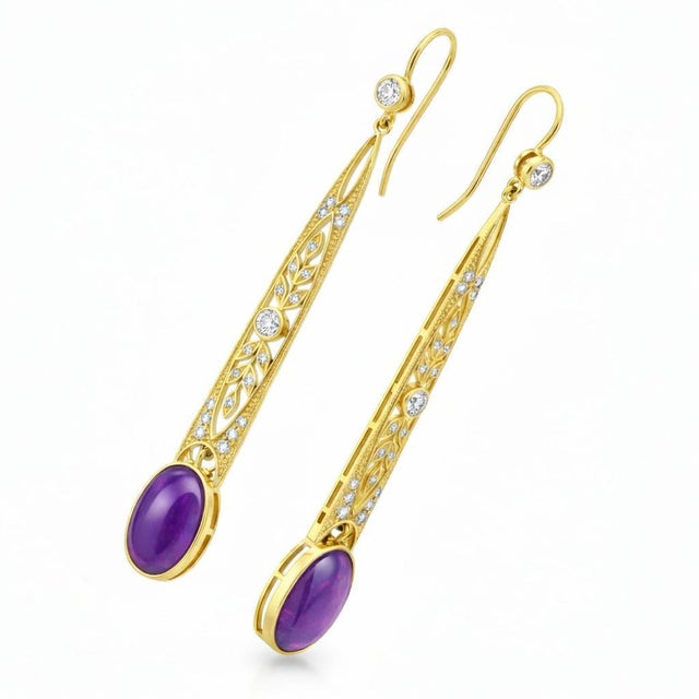 Modern Art Nouveau Amethyst Drop Earrings Silver, Gold, A Pair For Sale - Image 3 of 5