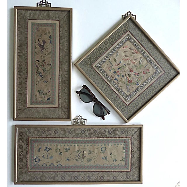 Set of 3 Asian Antique Embroidery Textile Art Framed Early 20th Century China For Sale - Image 12 of 12