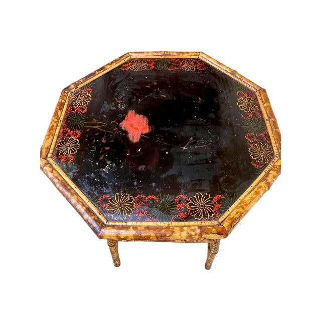 Antique Scorched Bamboo Chinoiserie Side Table With Hand-Painted Lacquer Top, Early 20th Century For Sale - Image 12 of 18