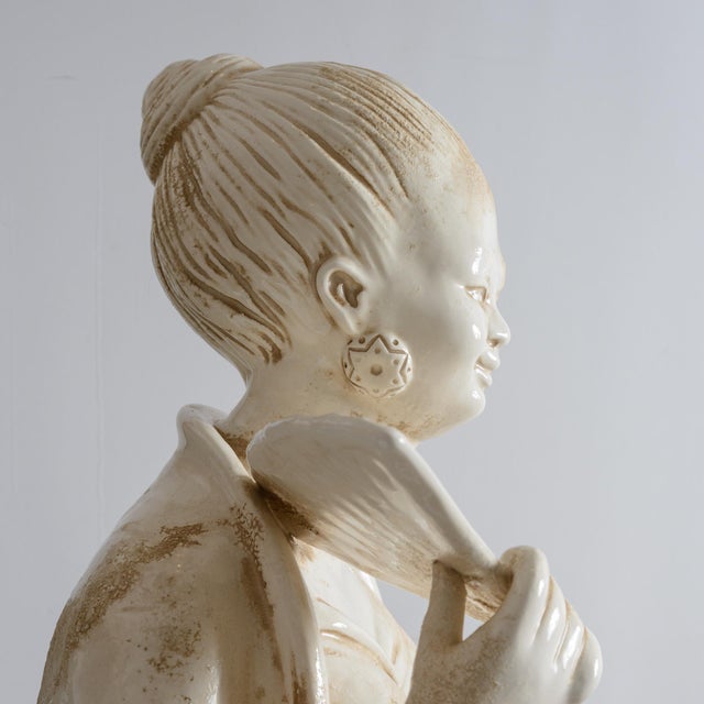 Italian Glazed Terracotta Chinoiserie Monumental Figures on Pedestals For Sale In West Palm - Image 6 of 16