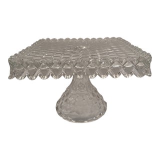 Vintage Fostoria American Clear Cubist Glass Square Pedestal Cake Stand With Rum Well For Sale