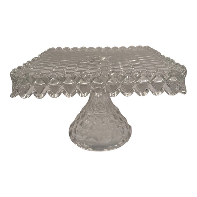 Vintage Fostoria American Clear Cubist Glass Square Pedestal Cake Stand With Rum Well For Sale