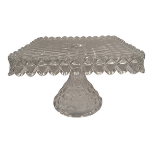 Vintage Fostoria American Clear Cubist Glass Square Pedestal Cake Stand With Rum Well