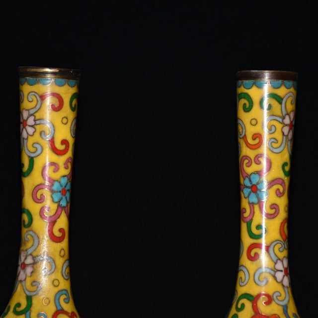 Yellow Vintage Pair of Cloisonne Enamel Vases - Yellow Floral Motif - 22.5cm For Sale - Image 8 of 9
