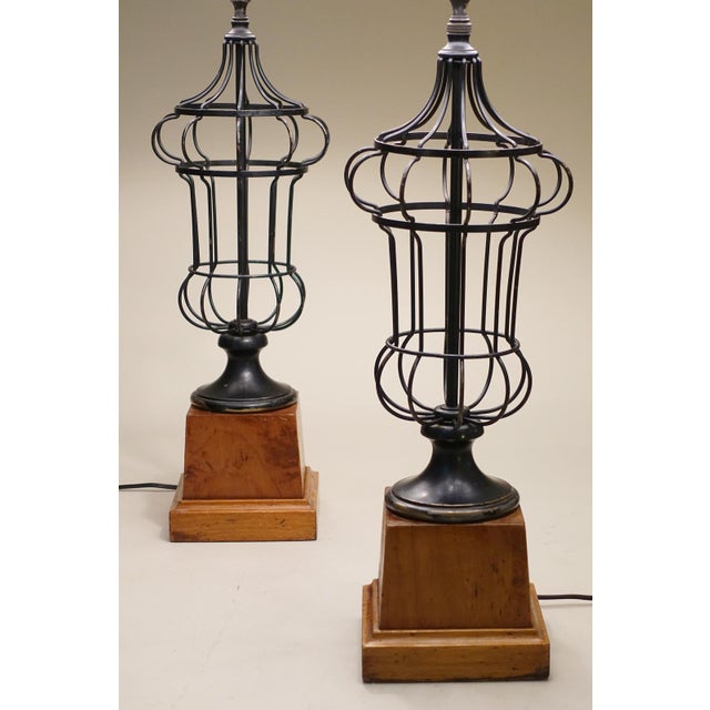1930s French Empire Neoclassical Wire Urn Cage Brass Wood Table Lamps - a Pair For Sale - Image 4 of 11