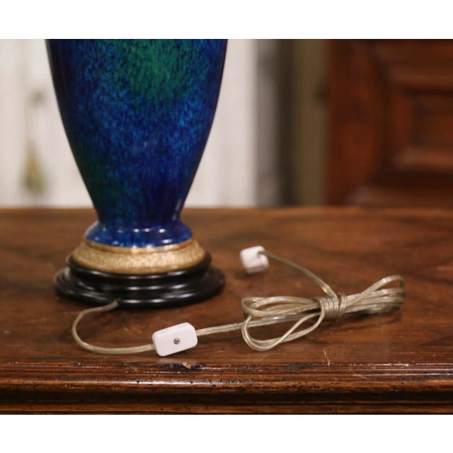 Mid-Century French Blue Glazed Ceramic and Bronze Urn Table Lamp For Sale - Image 10 of 10