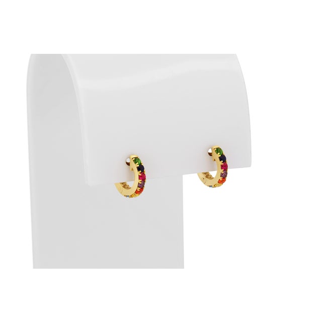 Rainbow Gemstone 14k Gold Huggy Hoop Earrings, A Pair For Sale - Image 4 of 6