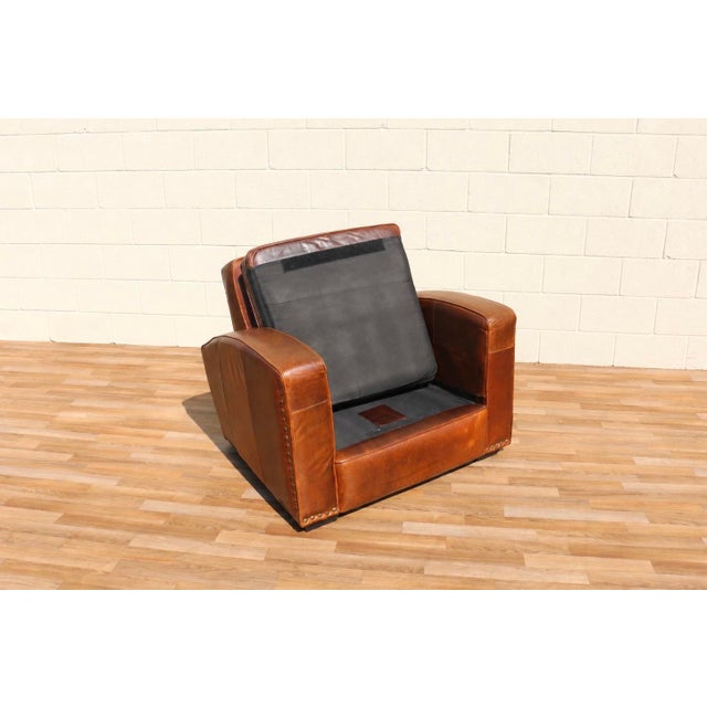 Art Deco Revival Distressed Brown Leather Club Chair & Ottoman, Circa 1980s For Sale - Image 13 of 18