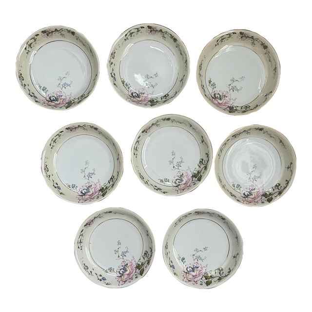 Vintage Czechoslovakian Epiag Floral Yellow and Pink 7.75” Bowls Garden Party Chic - Set of Eight (8) For Sale