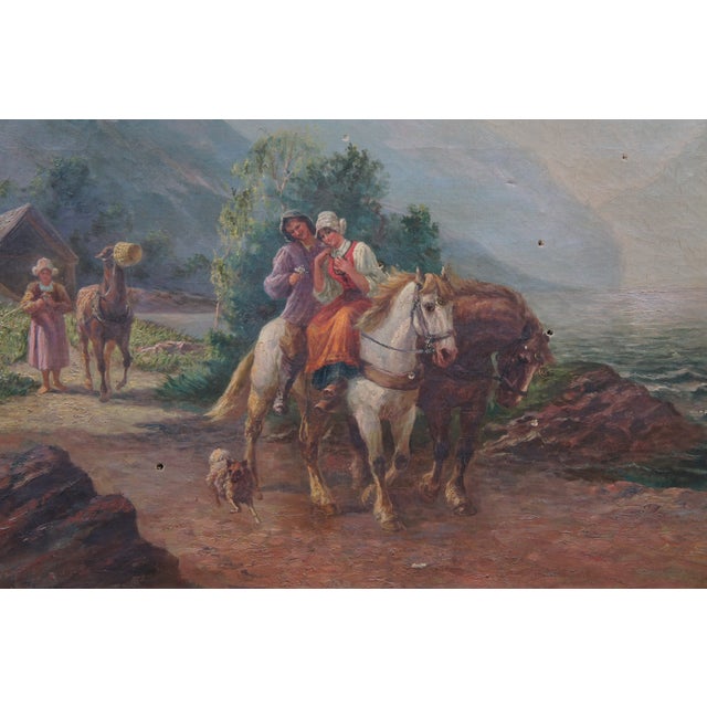 Antique Olaf Petersen Norwegian Horseback Landscape Oil Painting on Canvas For Sale - Image 4 of 11