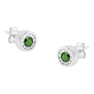 .925 Sterling Silver 1/4 Cttw Round Brilliant-Cut Green Diamond Miracle-Set Stud Earrings, A Pair For Sale
