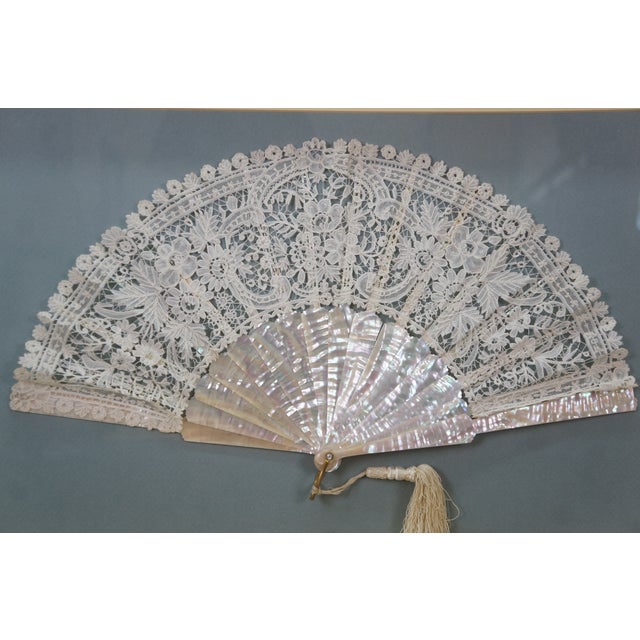 Antique Victorian Mother of Pearl Lace Folding Fan Shadow Box Display 28" For Sale - Image 6 of 13