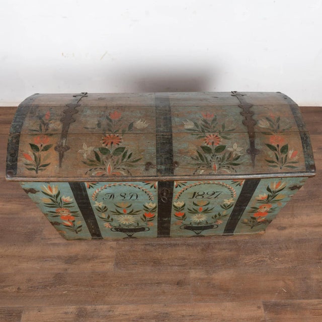 Early 19th Century Early 19th Century Original Blue Painted Swedish Dome Top Oak Trunk Dated 1827 For Sale - Image 5 of 14