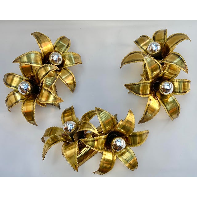 Vintage Flowers Brass Wall Lamps from Maison Jansen, 1960s, Set of 3 For Sale - Image 10 of 10