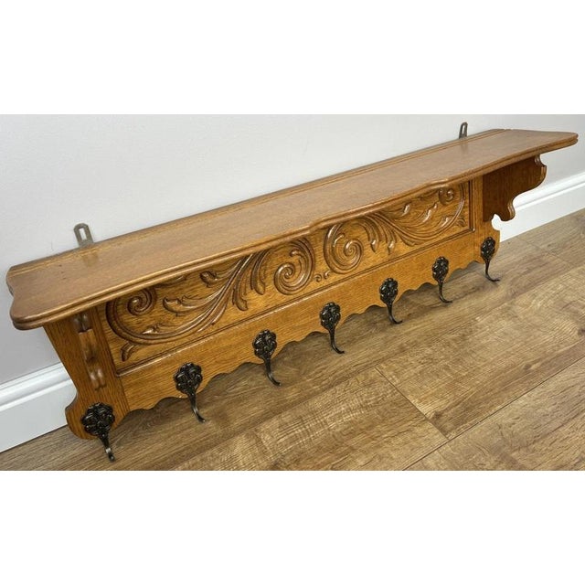 Vintage French Carved Oak 7-Hook Wall Coat Rack For Sale - Image 4 of 10